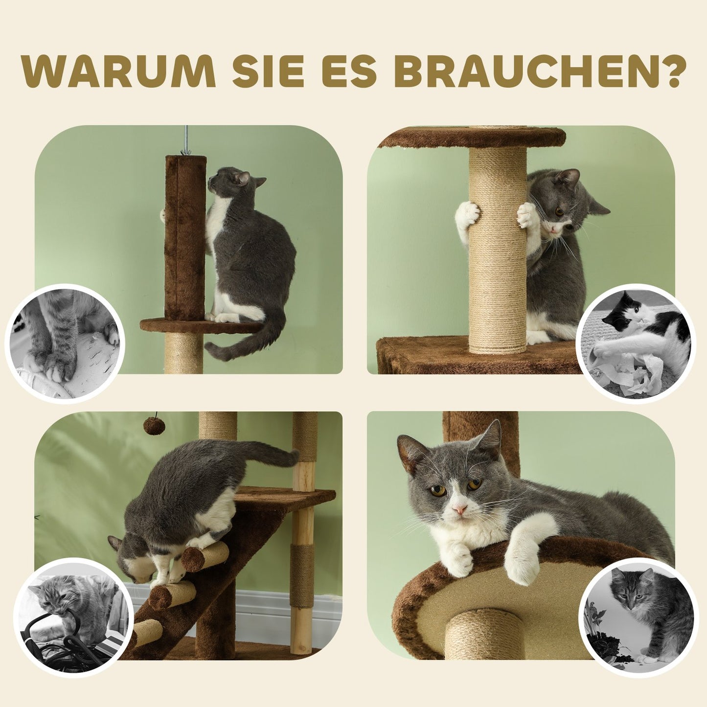Ceiling-high cat tree with cave & play ball 225-265cm