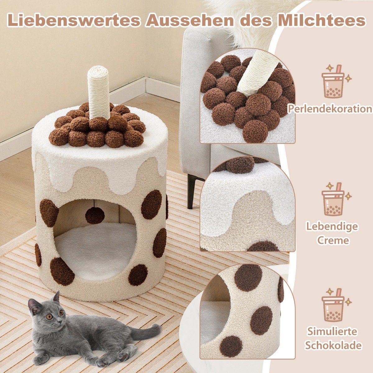 Scratching post, scratching barrel in milk tea shape with sisal posts & dangling ball toy, beige