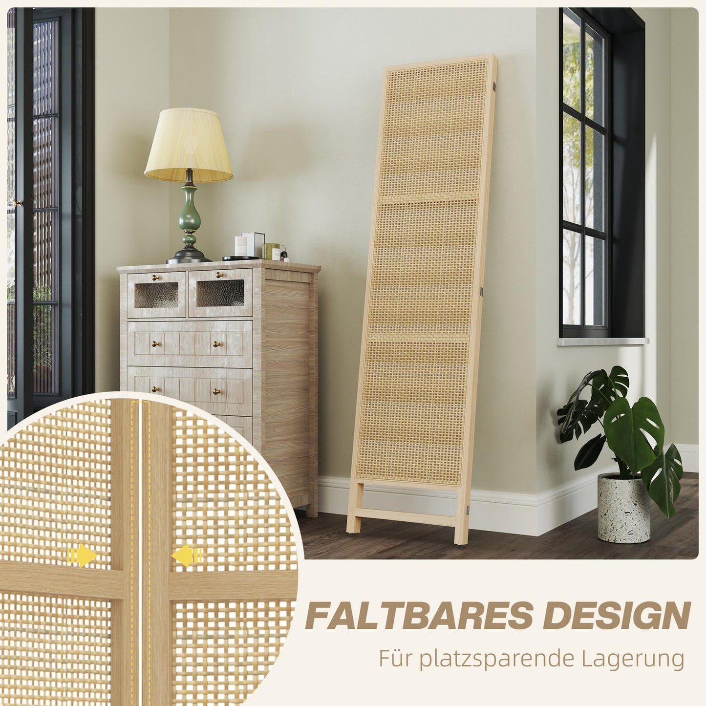 Foldable 3-panel rattan room divider - 135x180 cm Privacy screen
