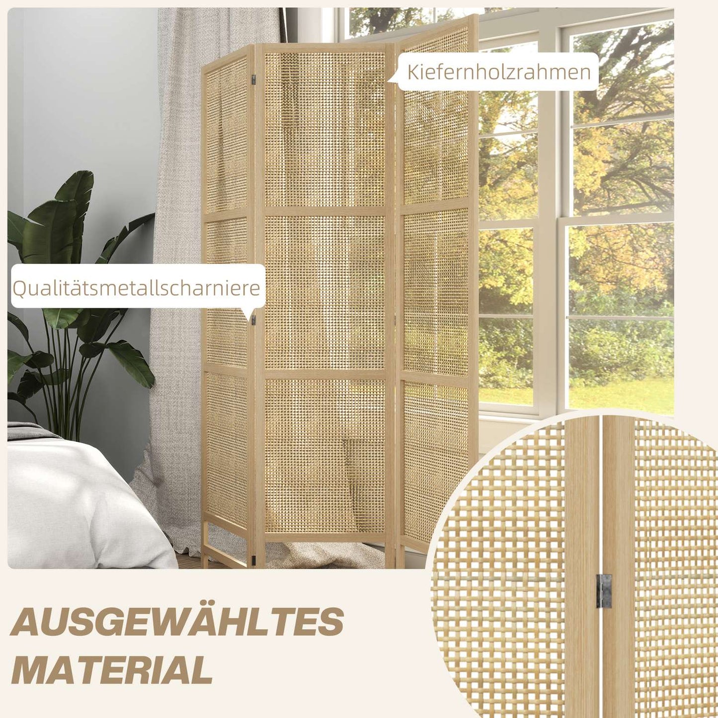 Foldable 3-panel rattan room divider - 135x180 cm Privacy screen