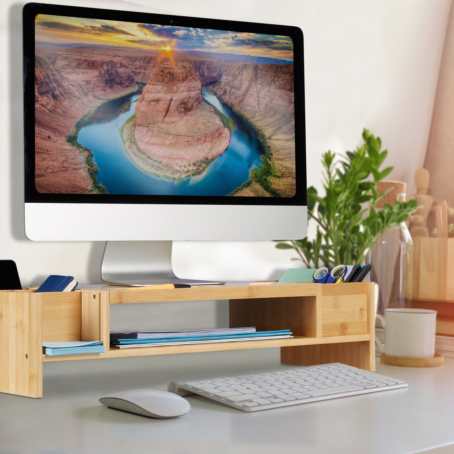 Screen stand and desk storage