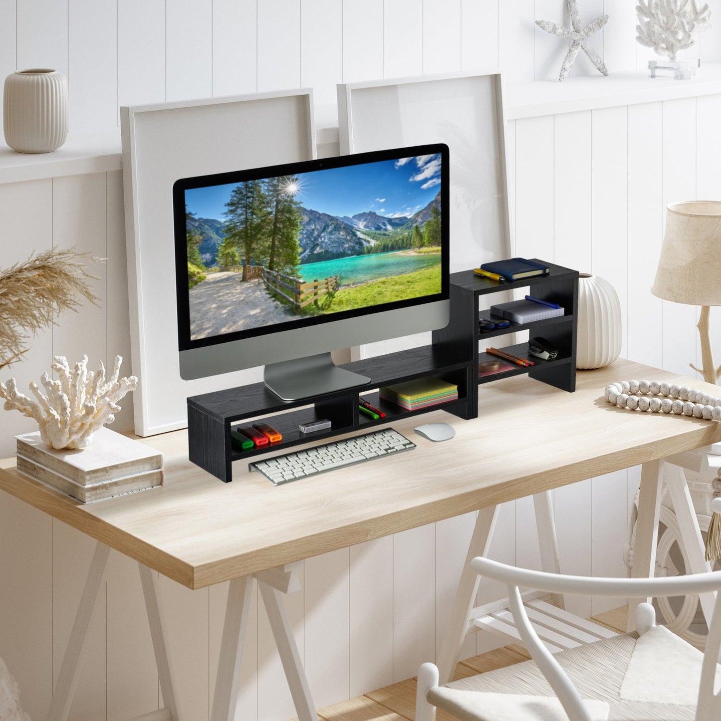 Screen stand with shelves