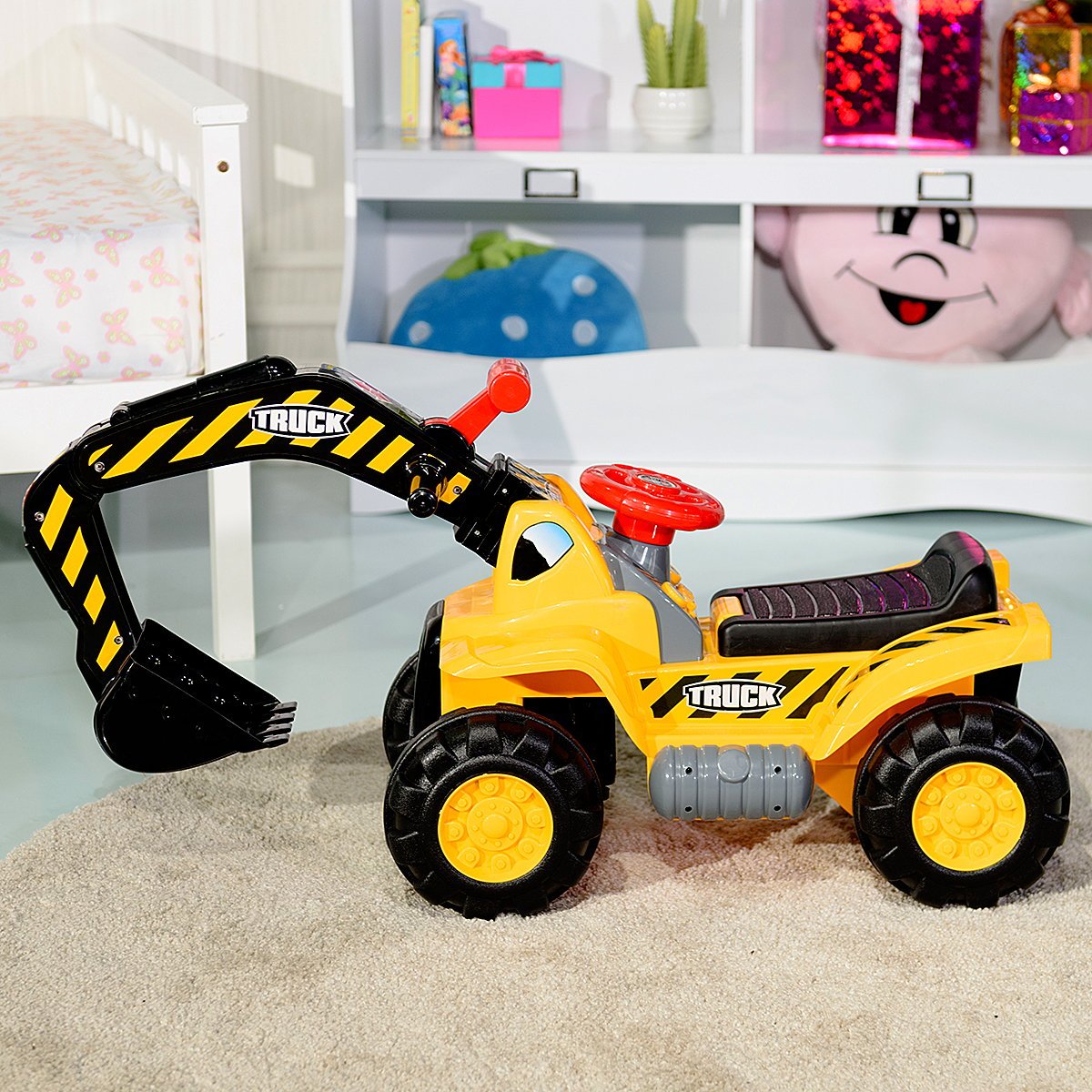 Seat excavator with built-in storage compartment & 3 stones & helmet children's excavator sand excavator ride-on yellow