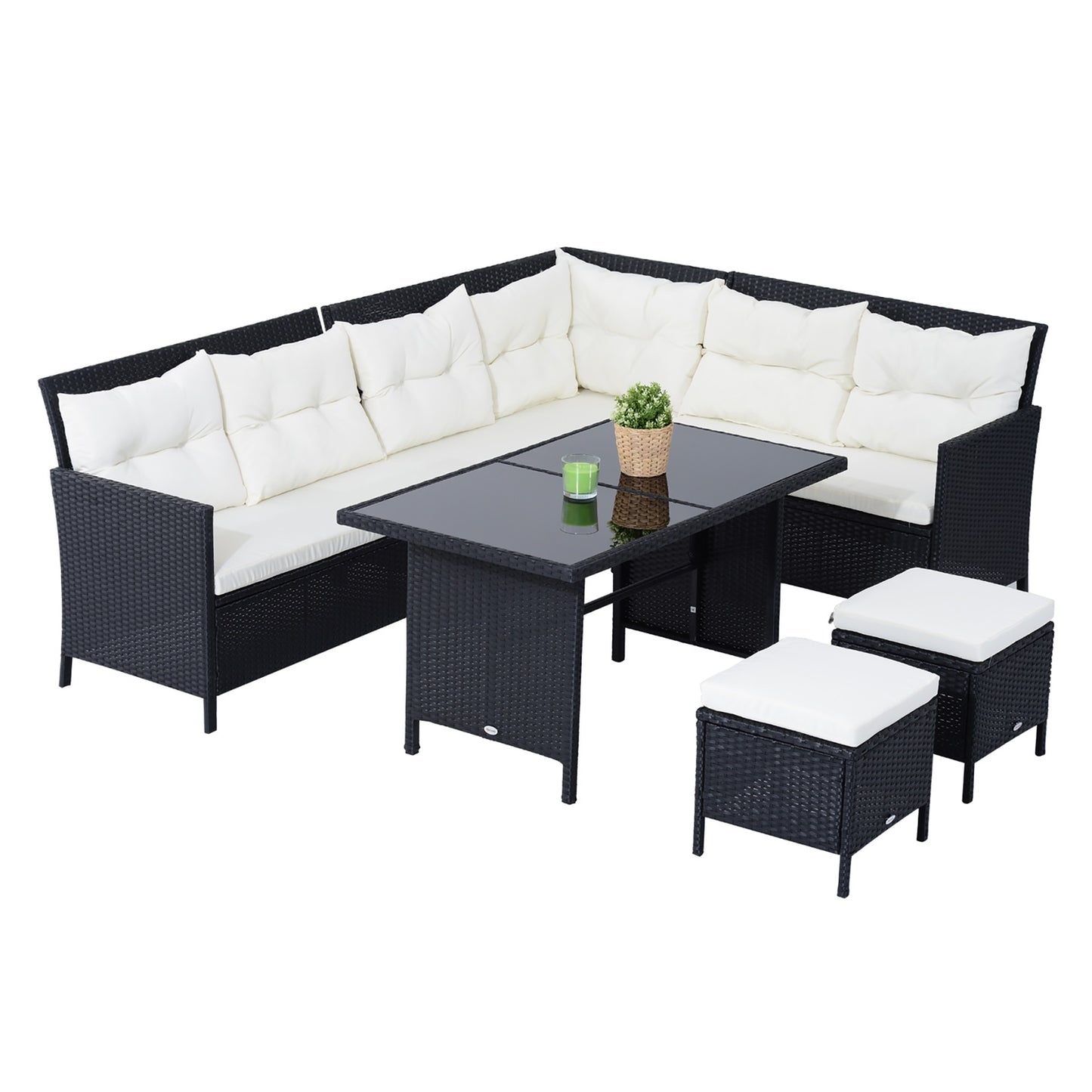 Outdoor sofa set, 7 seats, poly rattan, black/cream/white
