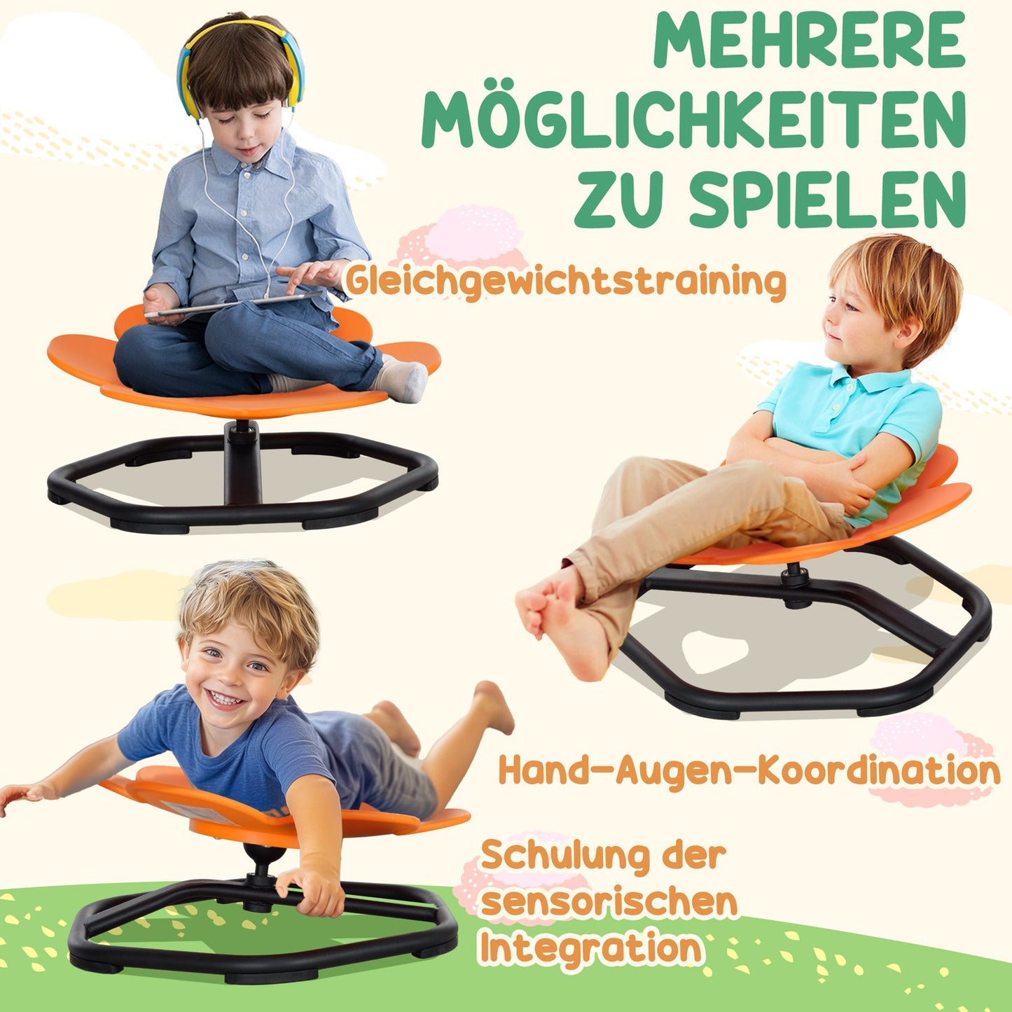 Sensory Kids Chair, Rotating Balance Seat, Plastic, Orange