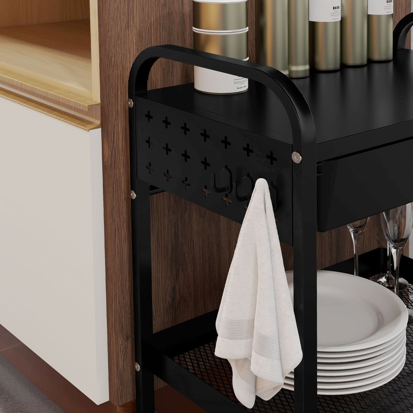 Kitchen serving trolley with drawer, shelf & hooks