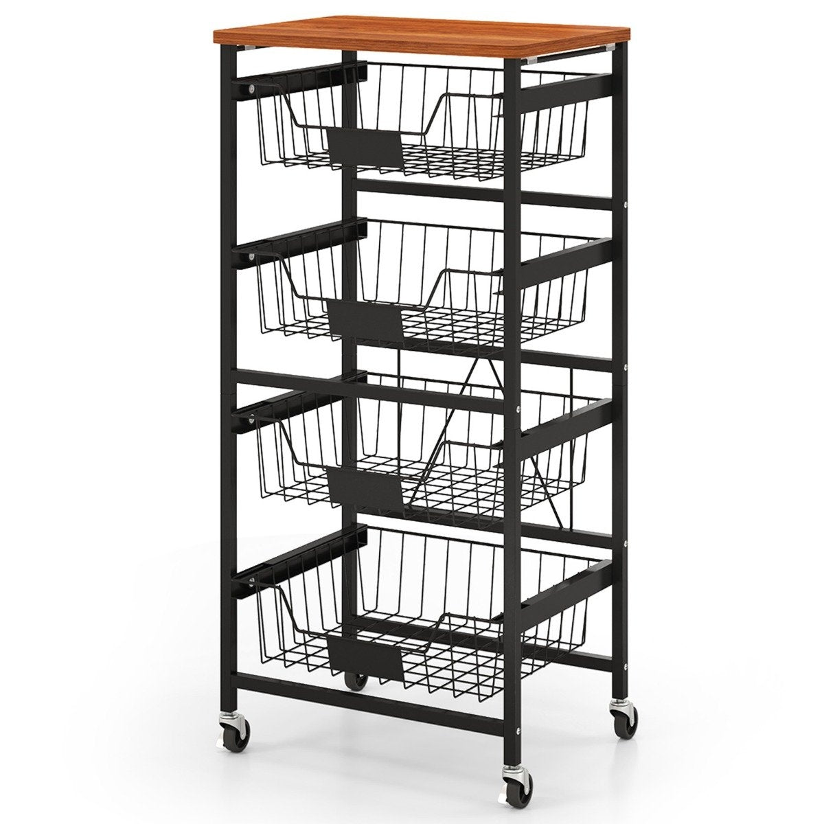 Serving trolley with wheels, vegetable rack with pull-out baskets for kitchen, dining room, 42 x 31 x 89 cm