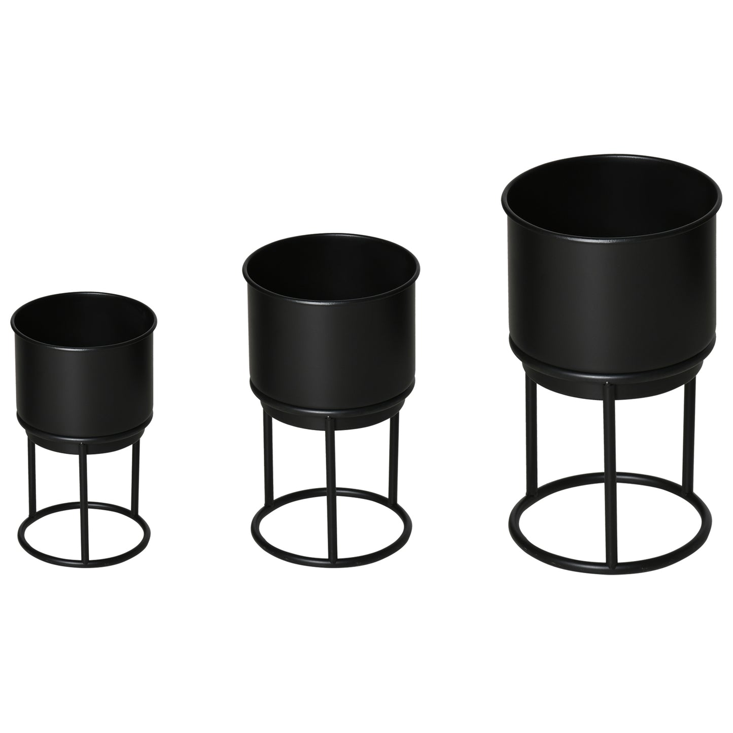 Set of 3 black stackable flower stands with pots