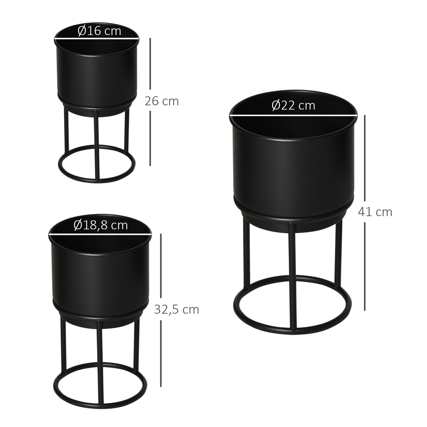 Set of 3 black stackable flower stands with pots