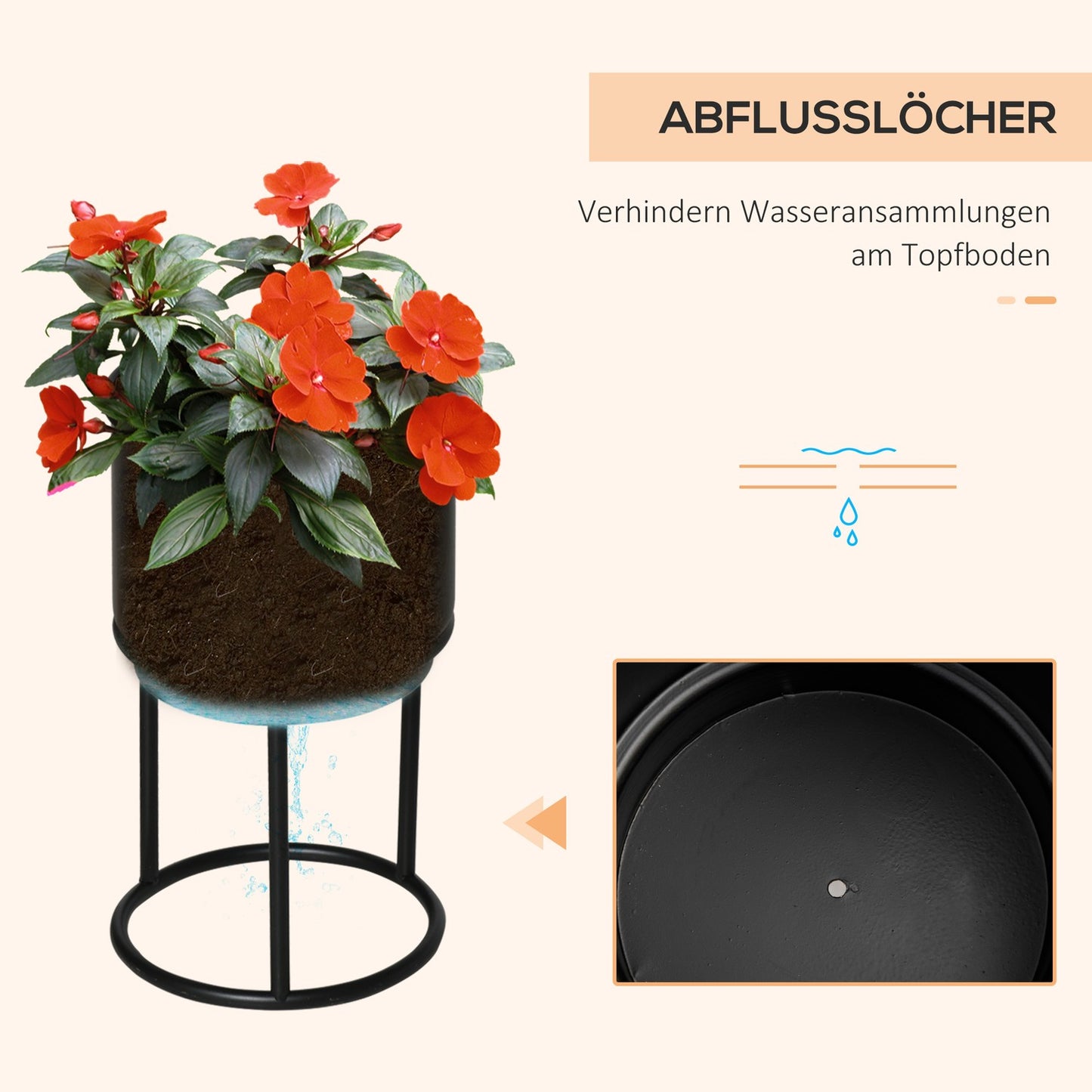 Set of 3 black stackable flower stands with pots