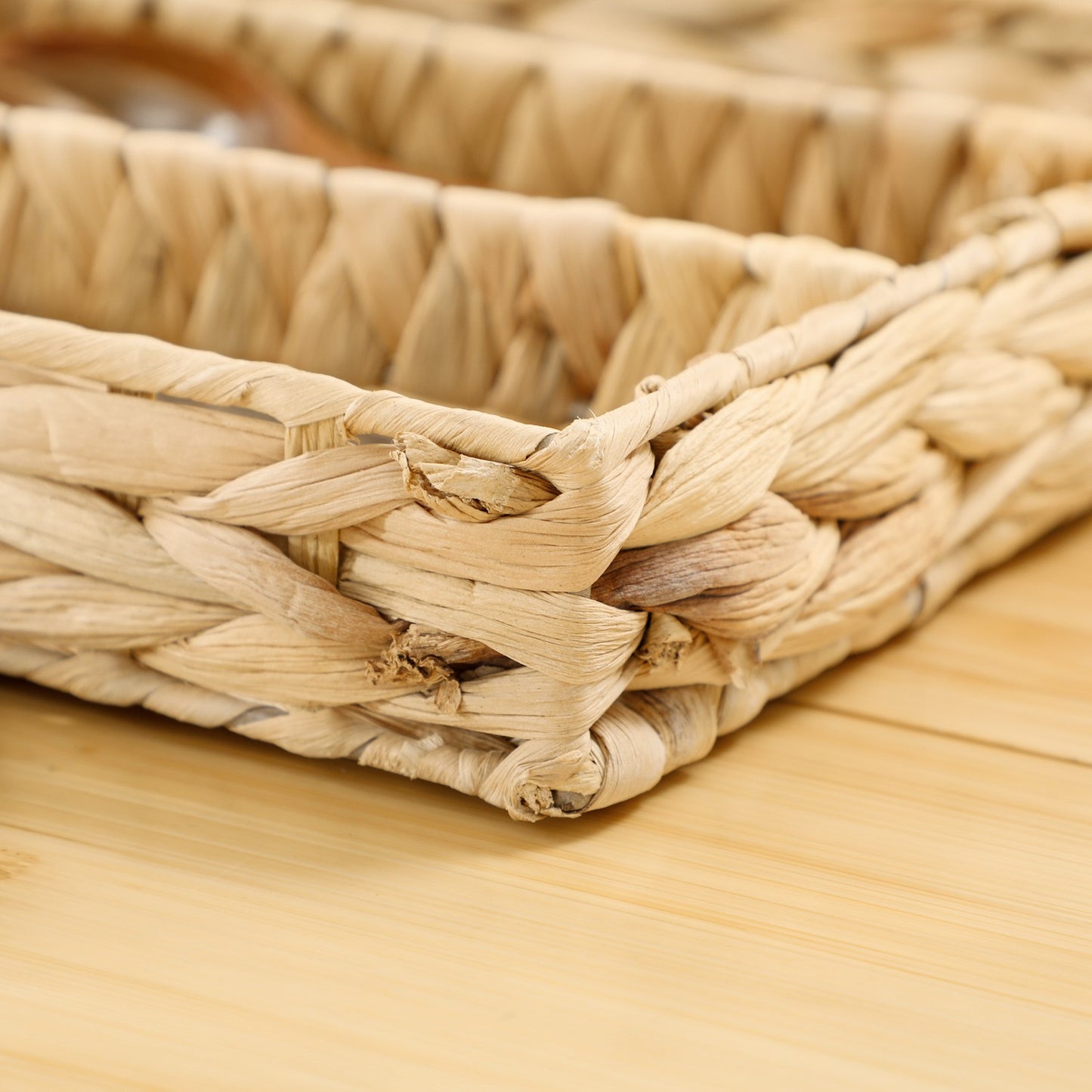 Woven Water Hyacinth Storage Baskets, Set of 2, Natural Wood