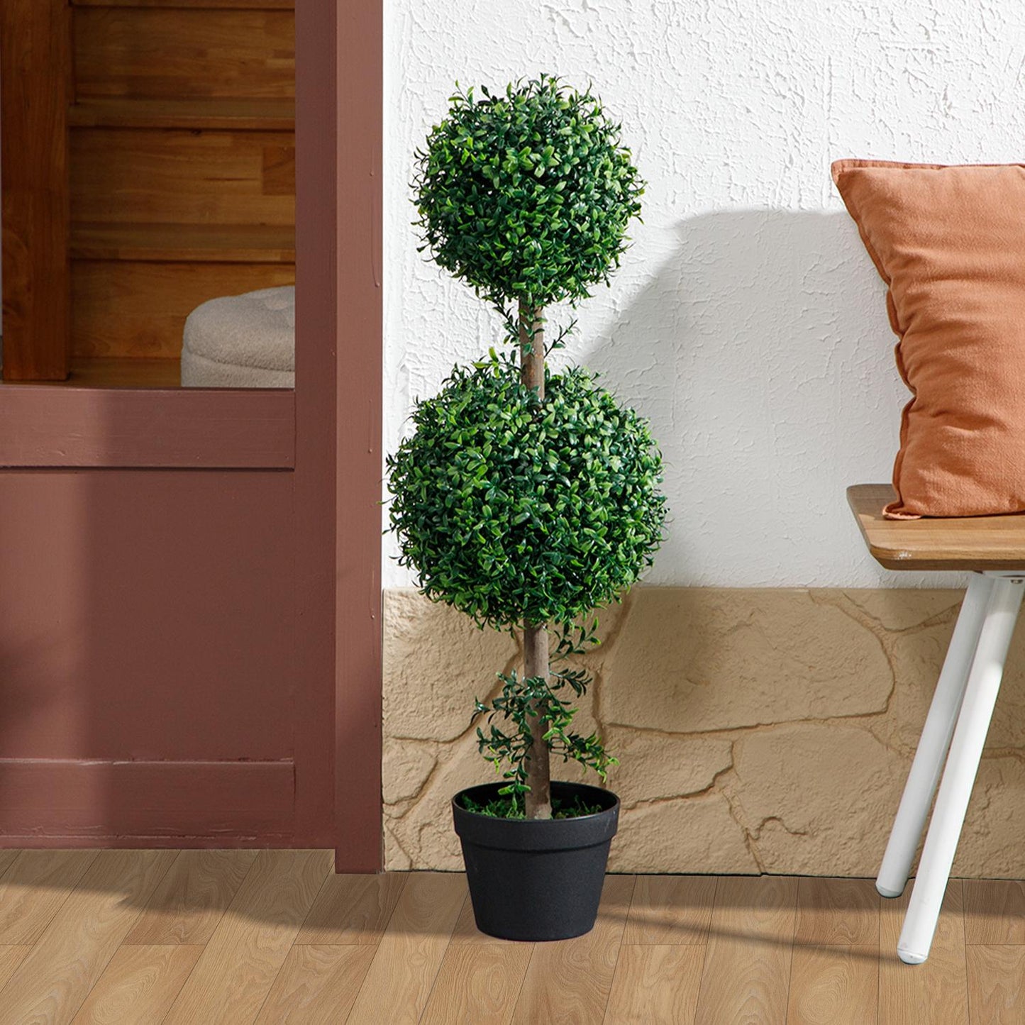 Set of 2 artificial plants, artificial boxwood plants, UV-protected, with pot, green