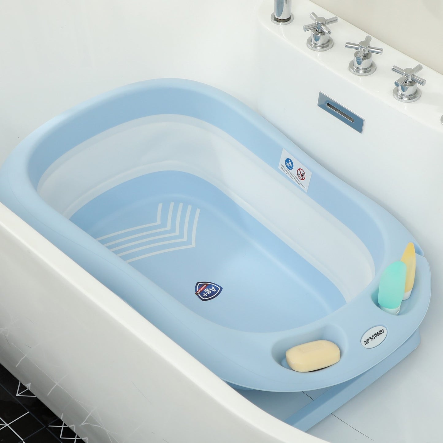 Foldable non-slip baby bathtub set, light blue, for toddlers
