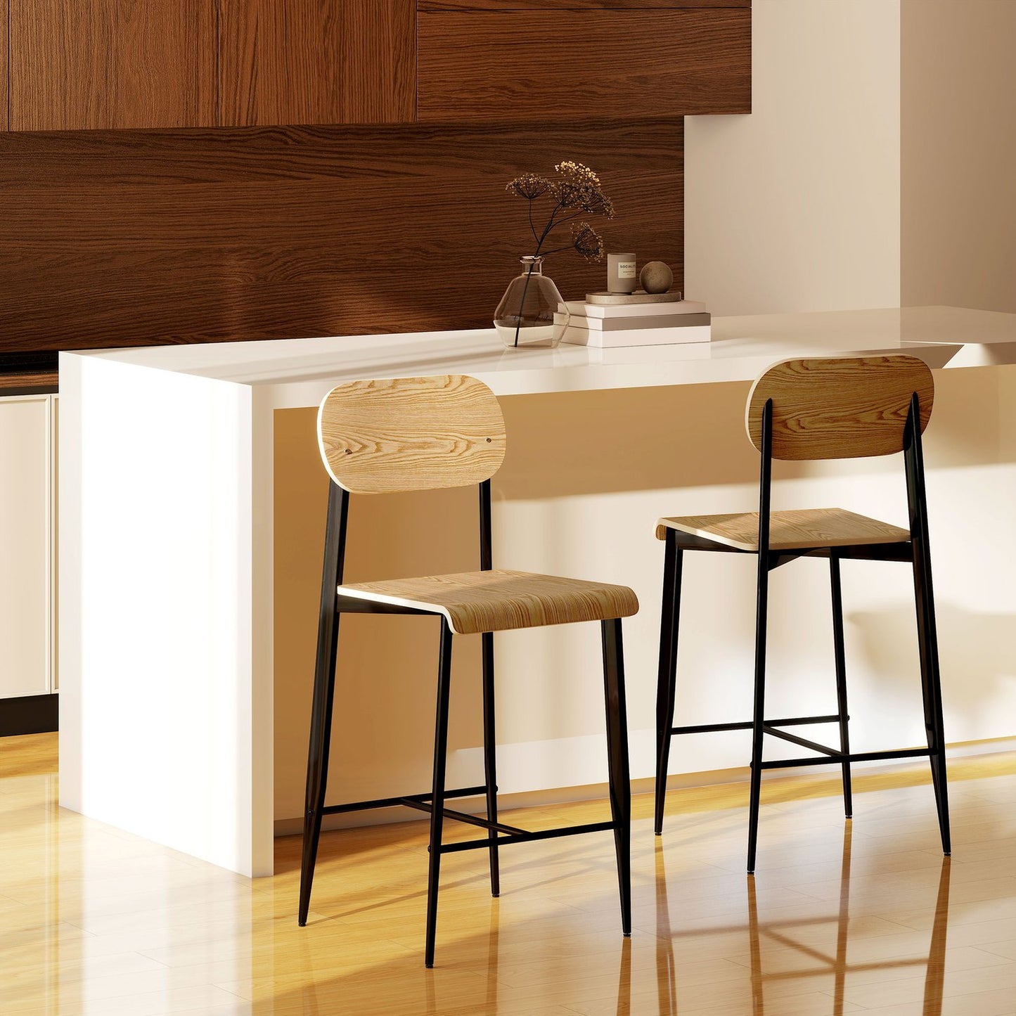 Set of 2 bar stools, bar chairs with backrest and metal frame, wood, light brown