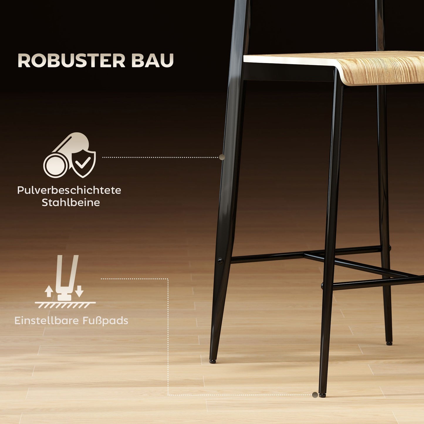 Set of 2 bar stools, bar chairs with backrest and metal frame, wood, light brown