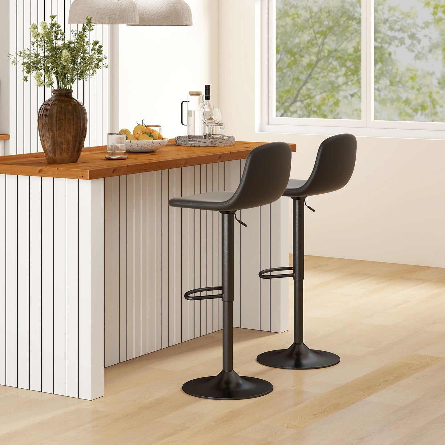 Adjustable Faux Leather Bar Stools, Set of 2, Swivel, Black