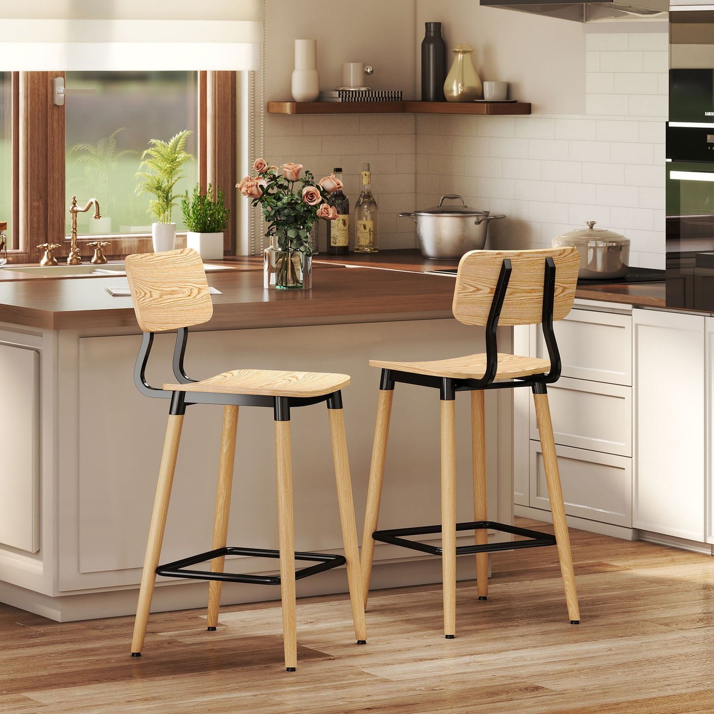 Set of 2 bar stools with backrest, bar chairs for home bar, kitchen island, dining room, wood, metal, light brown