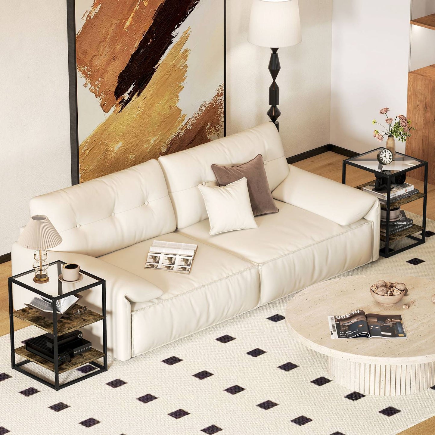 Rustic brown 3-tier glass coffee table - set of 2