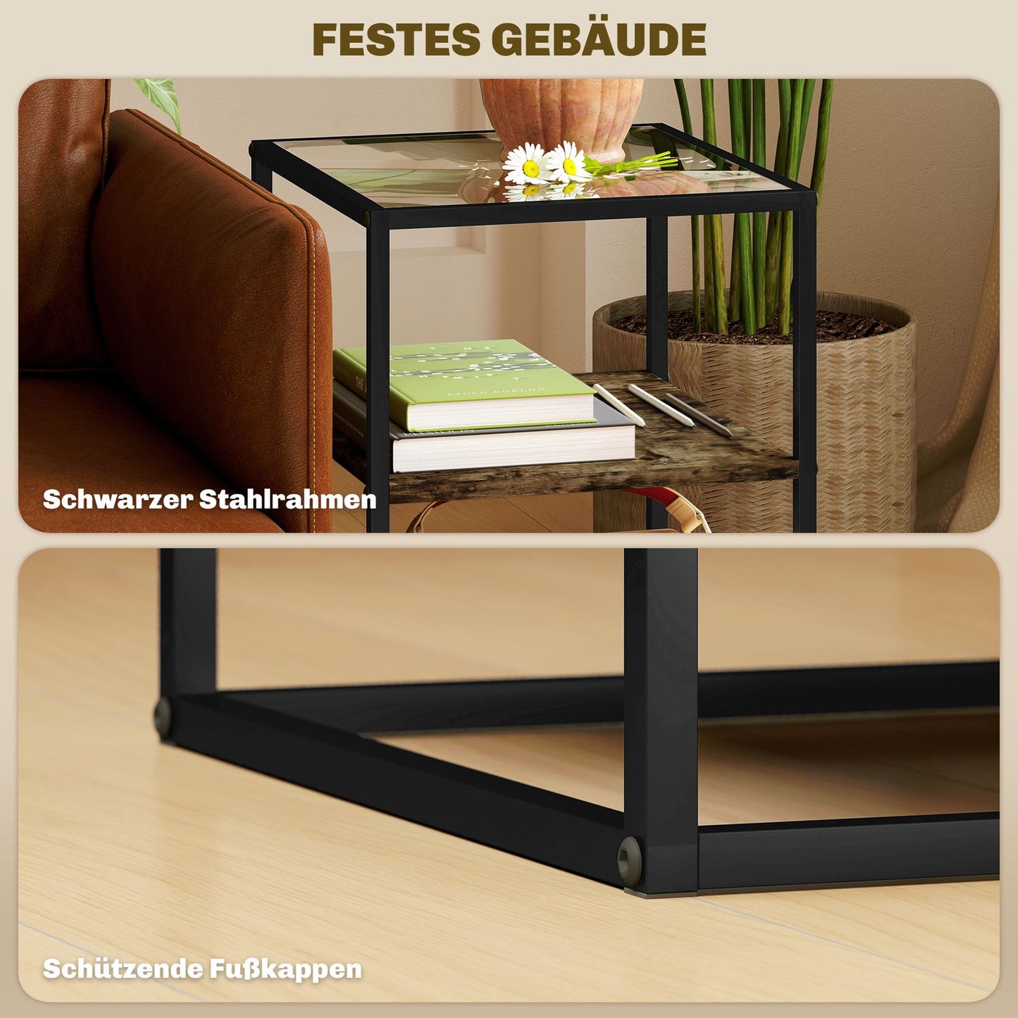 Rustic brown 3-tier glass coffee table - set of 2