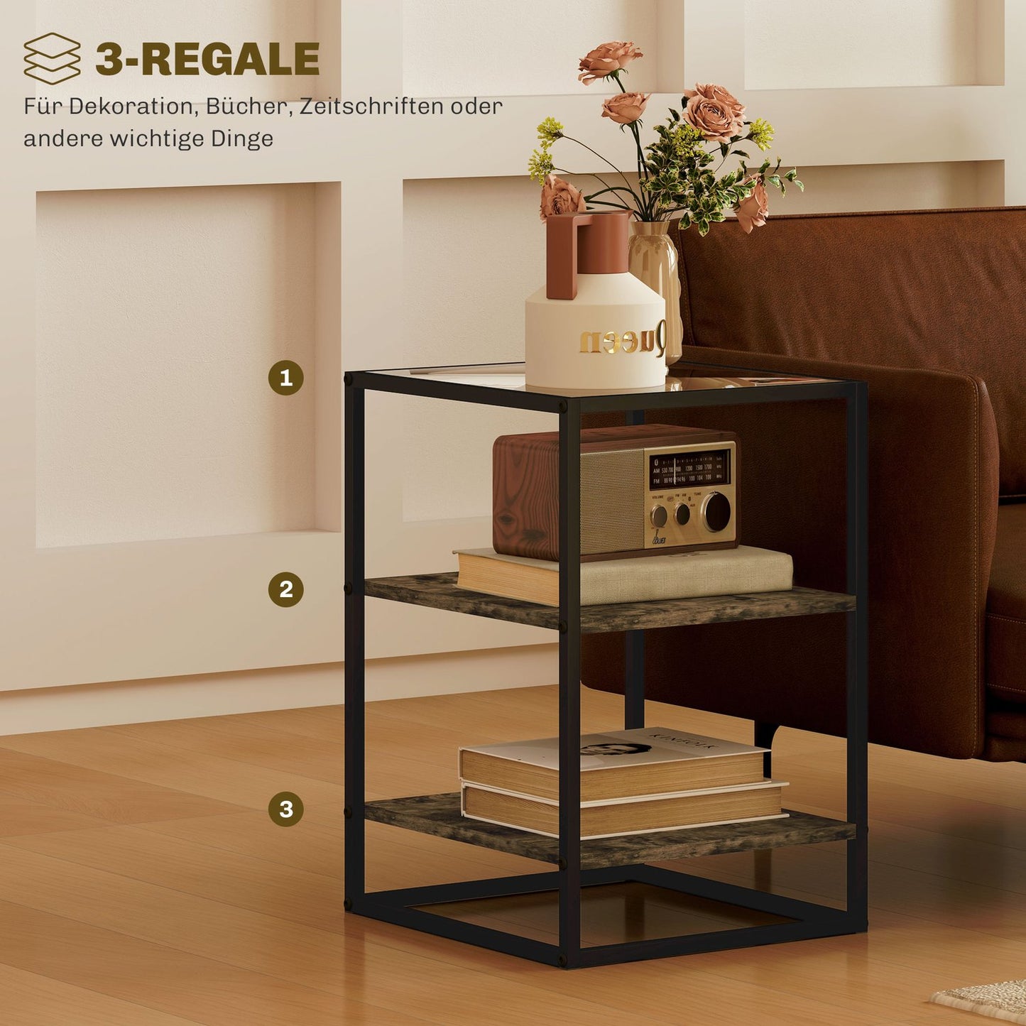Rustic brown 3-tier glass coffee table - set of 2