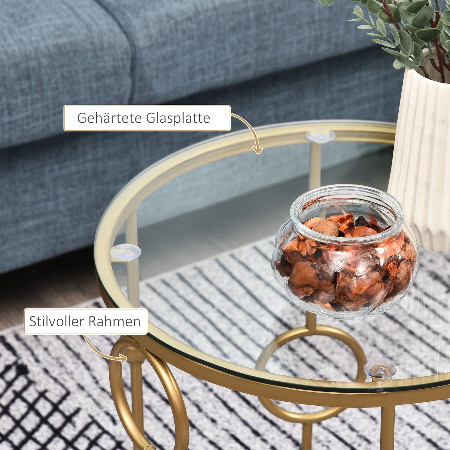 Set of 2 coffee tables, side tables with glass tops, living room tables with hoop and ball design Ø41 x 57 cm, gold