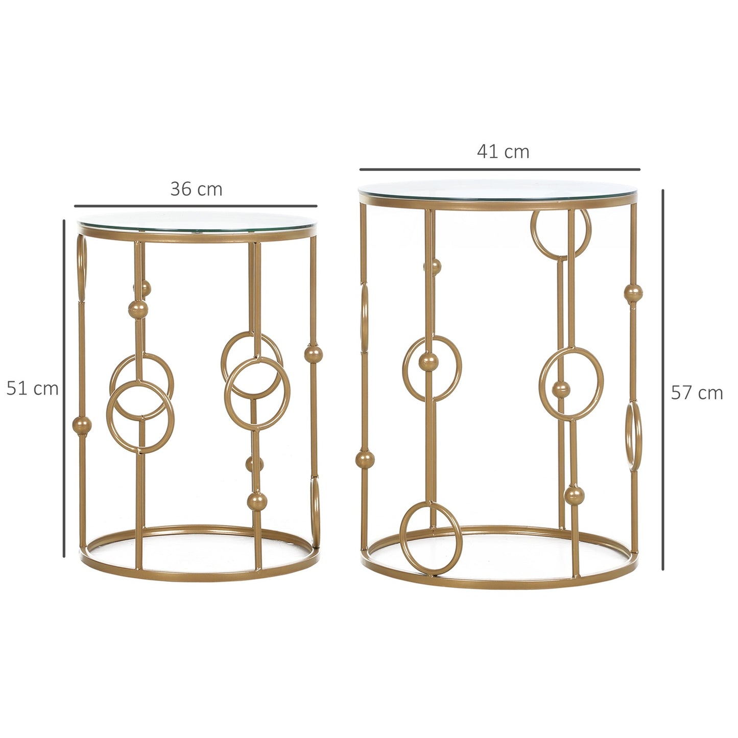 Set of 2 coffee tables, side tables with glass tops, living room tables with hoop and ball design Ø41 x 57 cm, gold