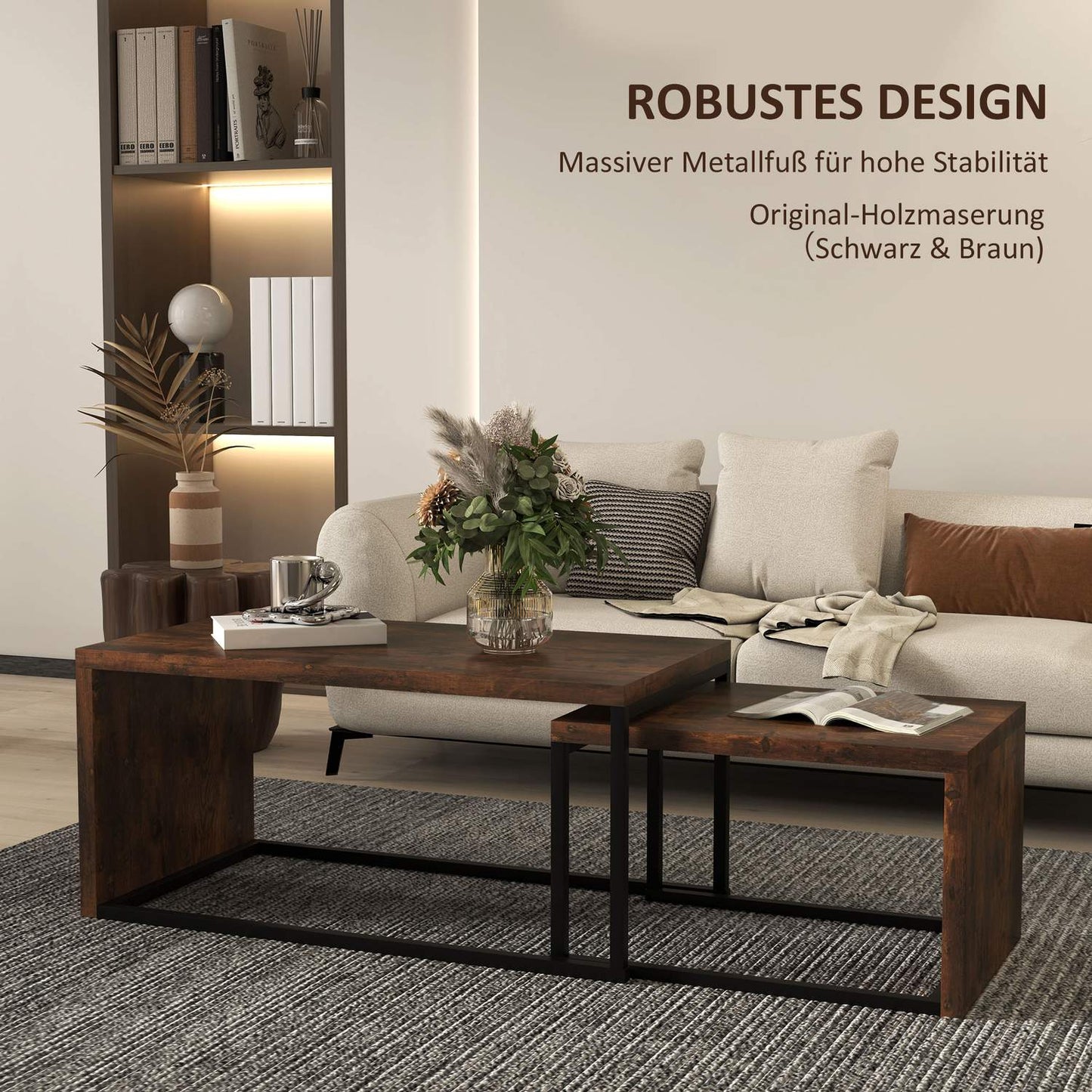 Multifunctional coffee table set - black & brown metal base