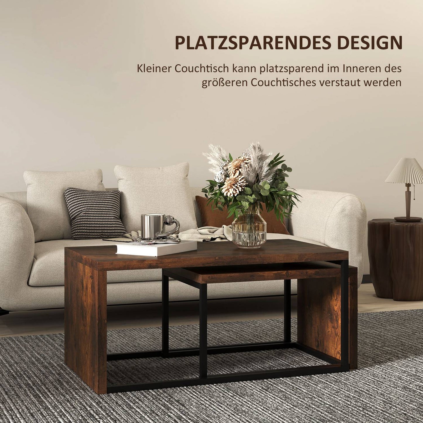 Multifunctional coffee table set - black & brown metal base