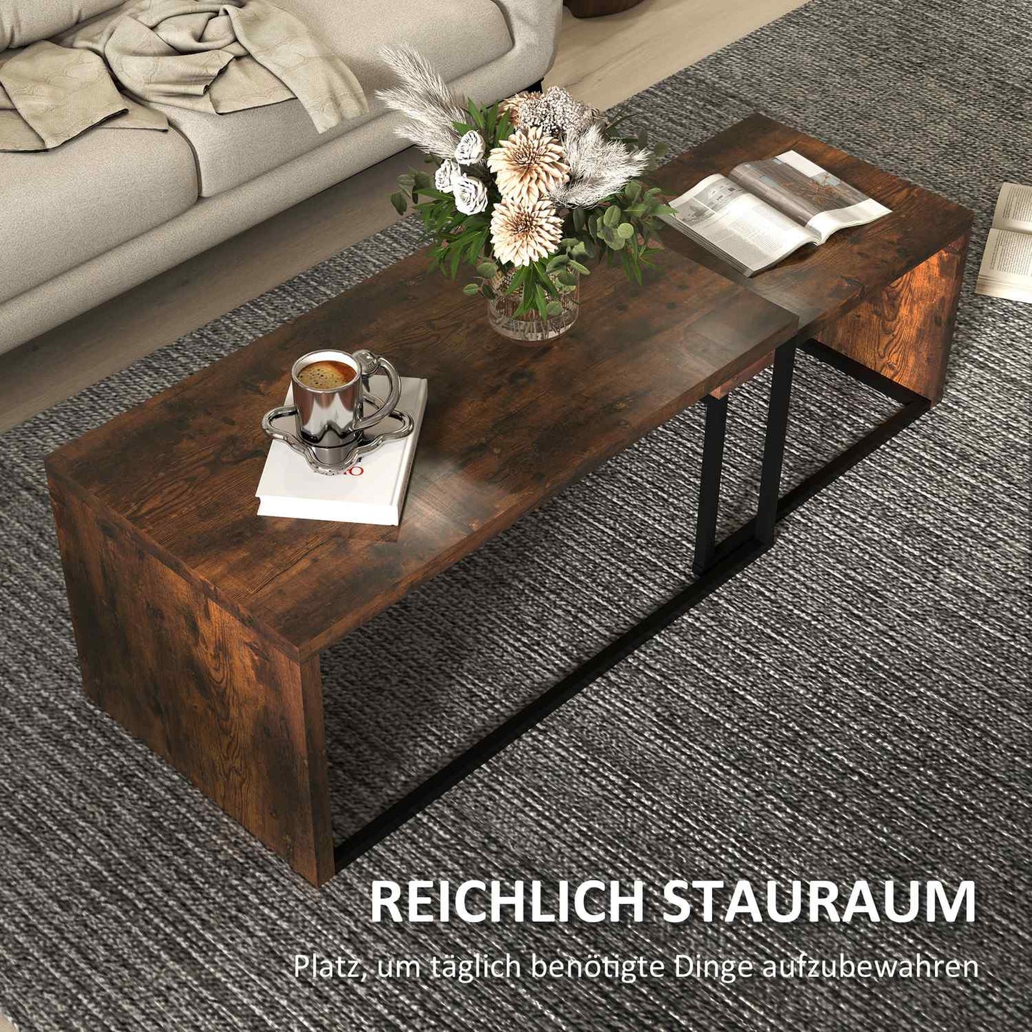 Multifunctional coffee table set - black & brown metal base