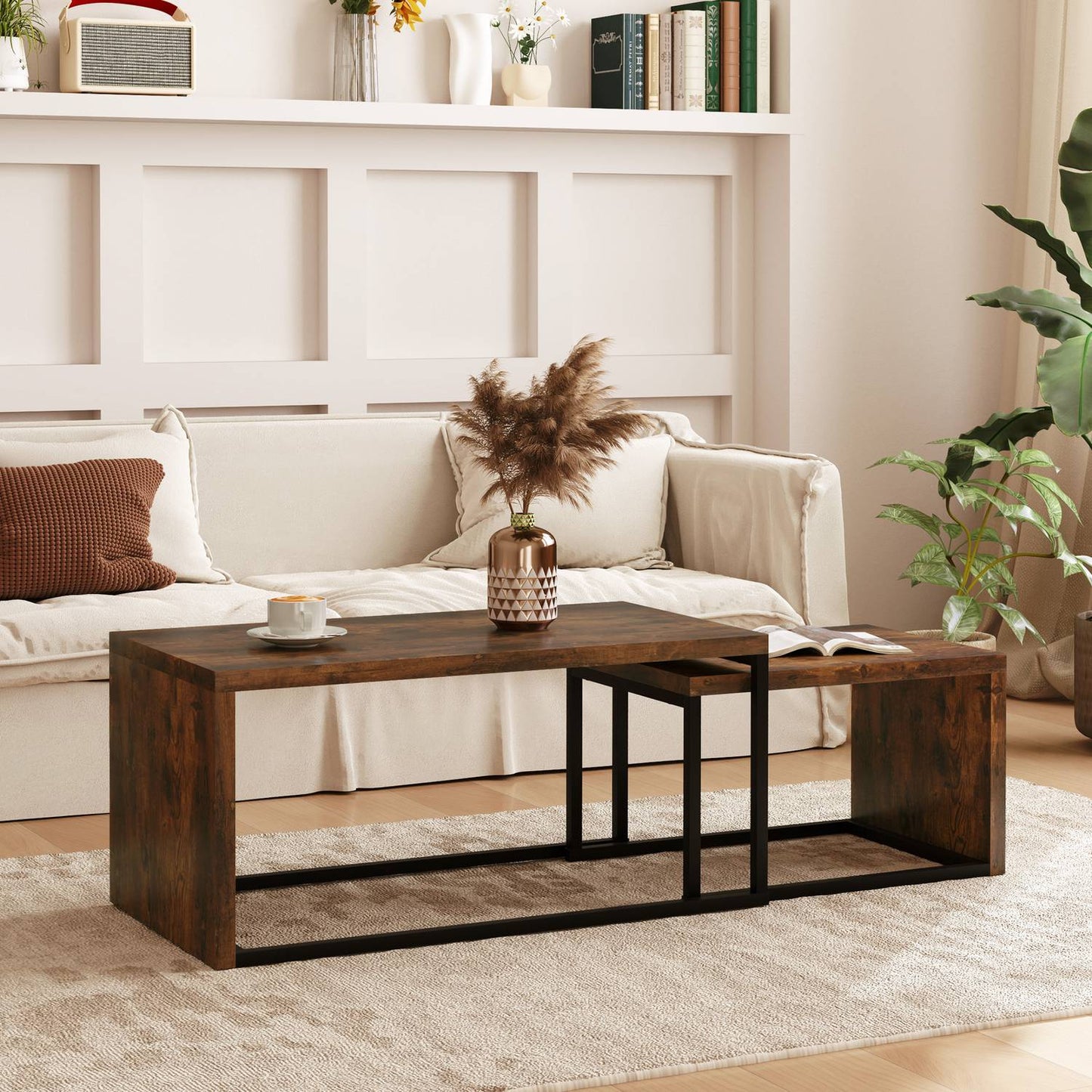 Multifunctional coffee table set - black & brown metal base
