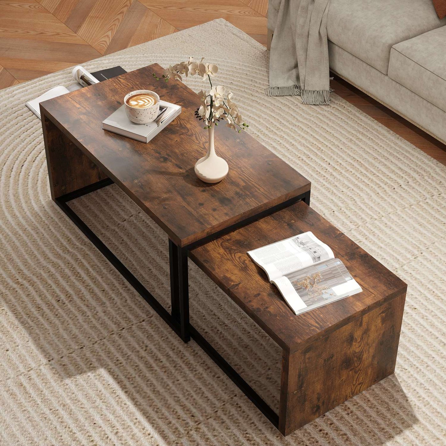 Multifunctional coffee table set - black & brown metal base