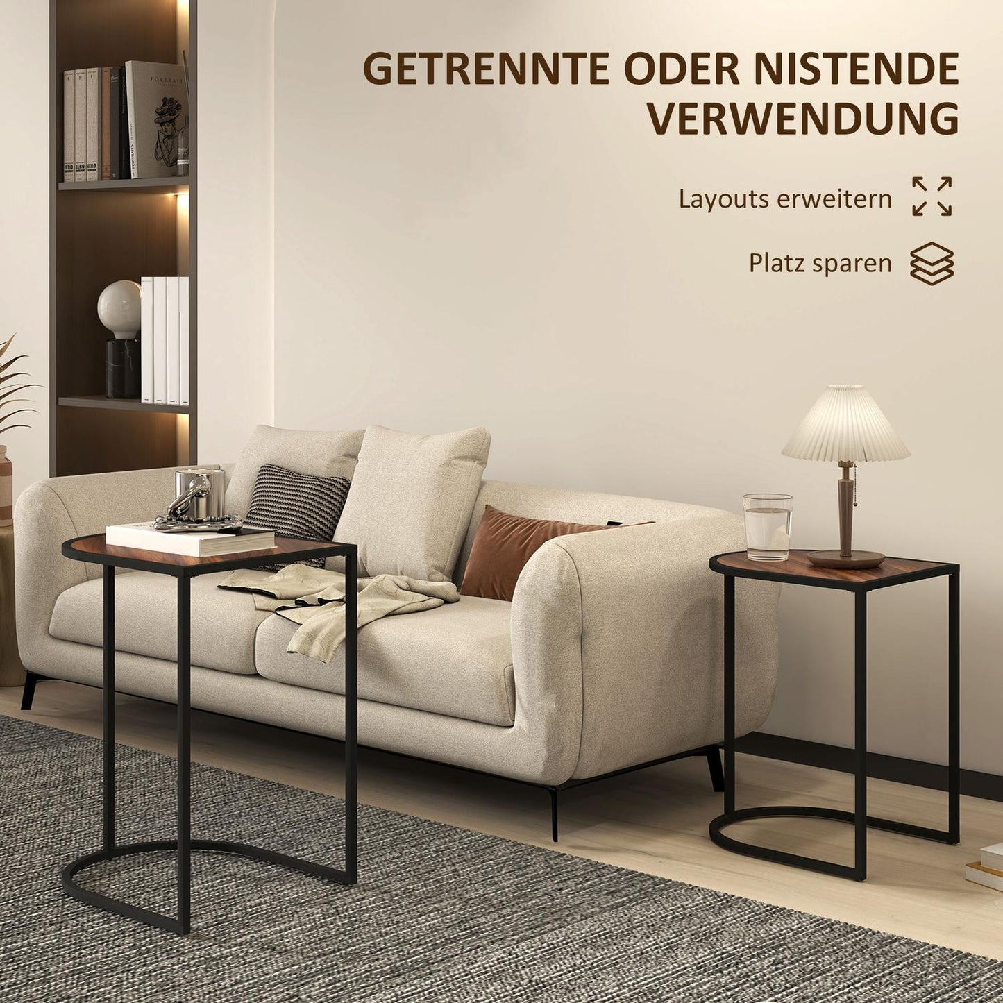 Square coffee tables with steel frame, set of 2, brown and black