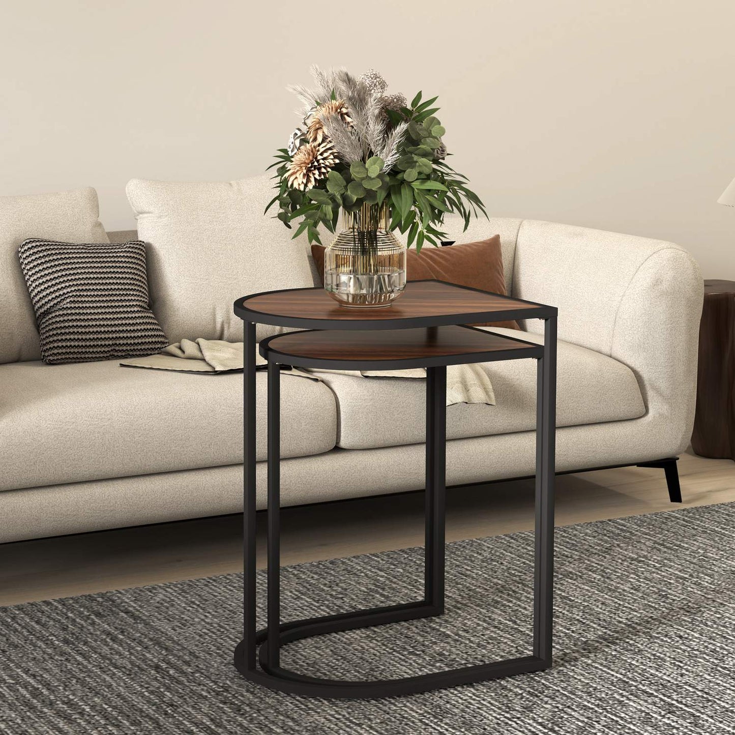 Square coffee tables with steel frame, set of 2, brown and black