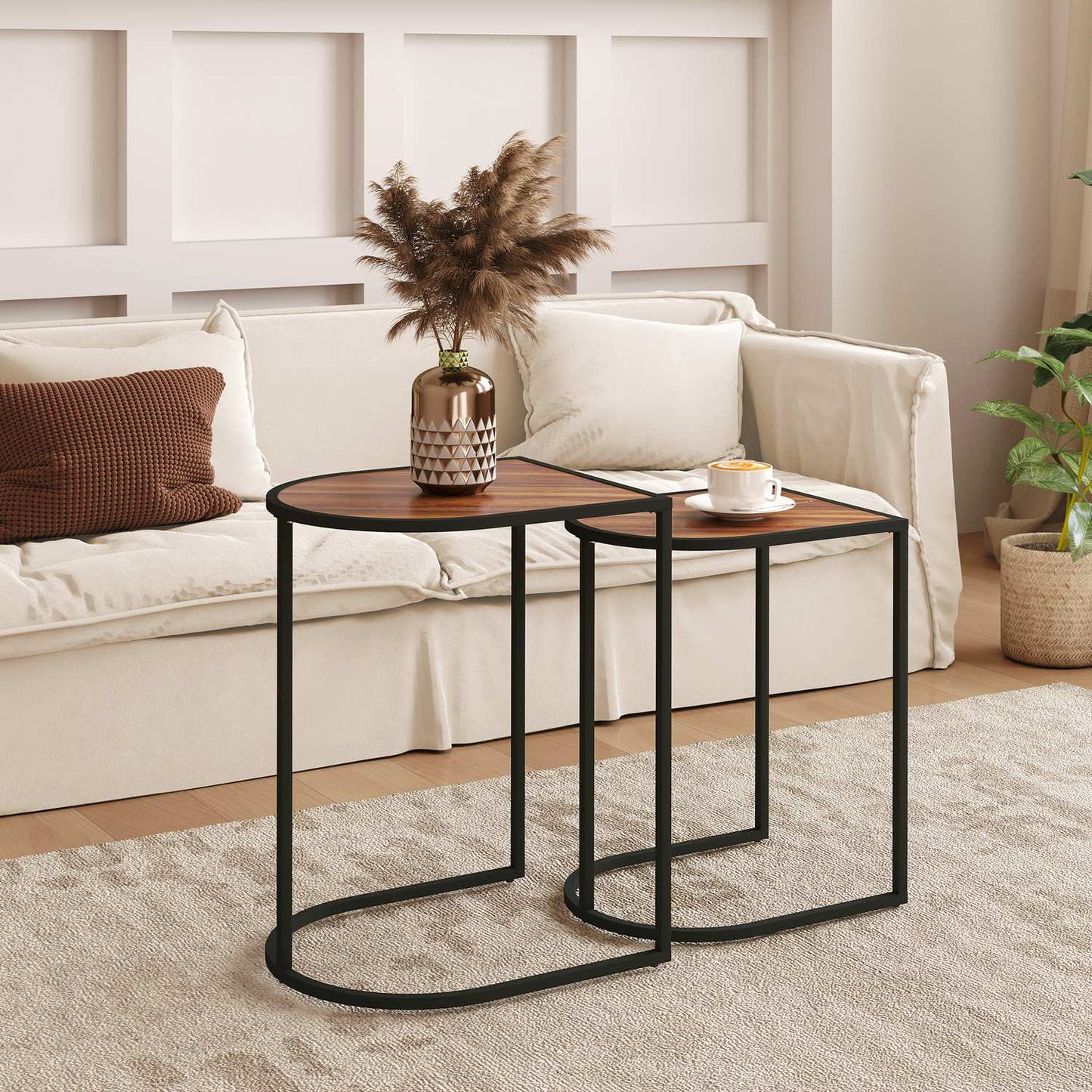 Square coffee tables with steel frame, set of 2, brown and black
