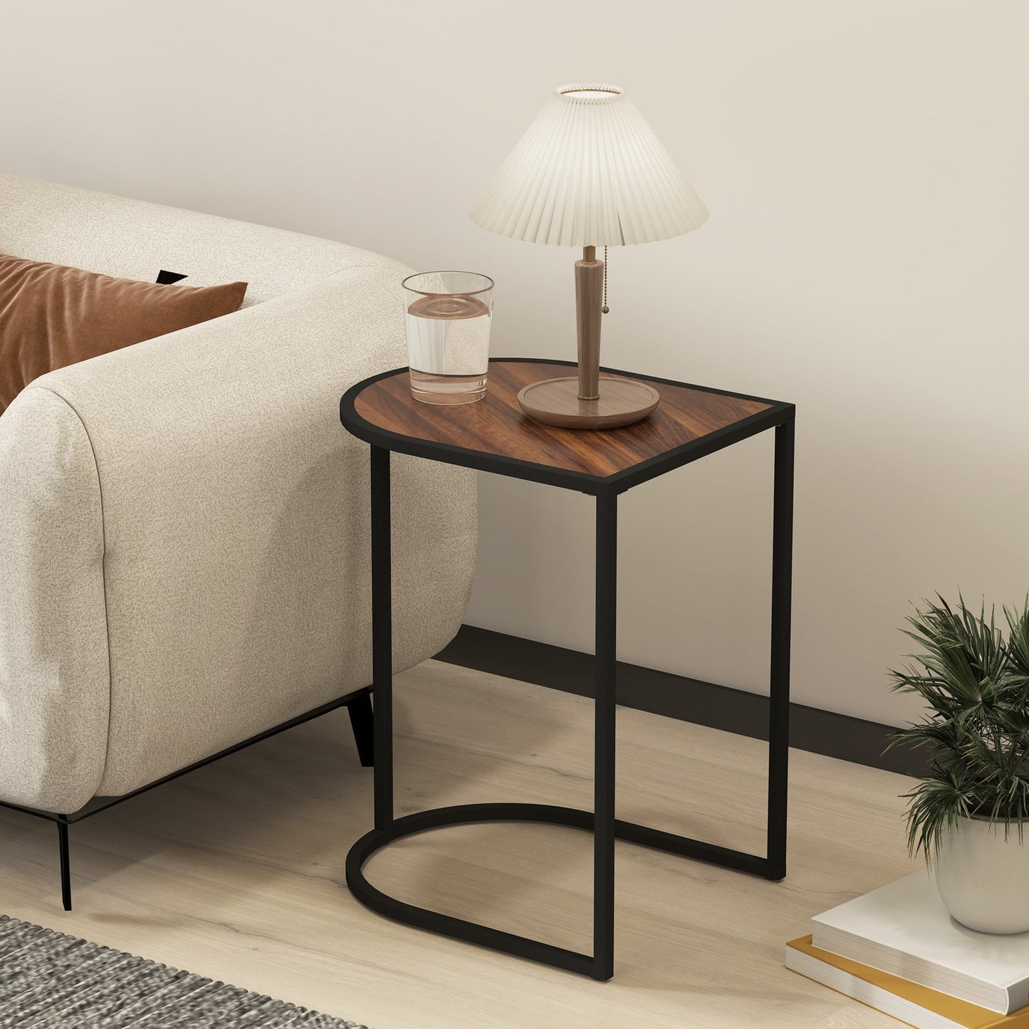 Square coffee tables with steel frame, set of 2, brown and black