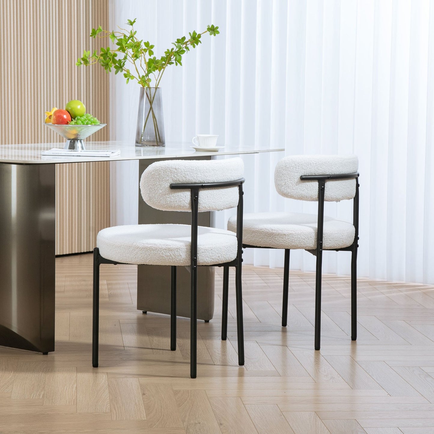 Dining Chairs Set of 2, Cream White, Fleece Upholstered