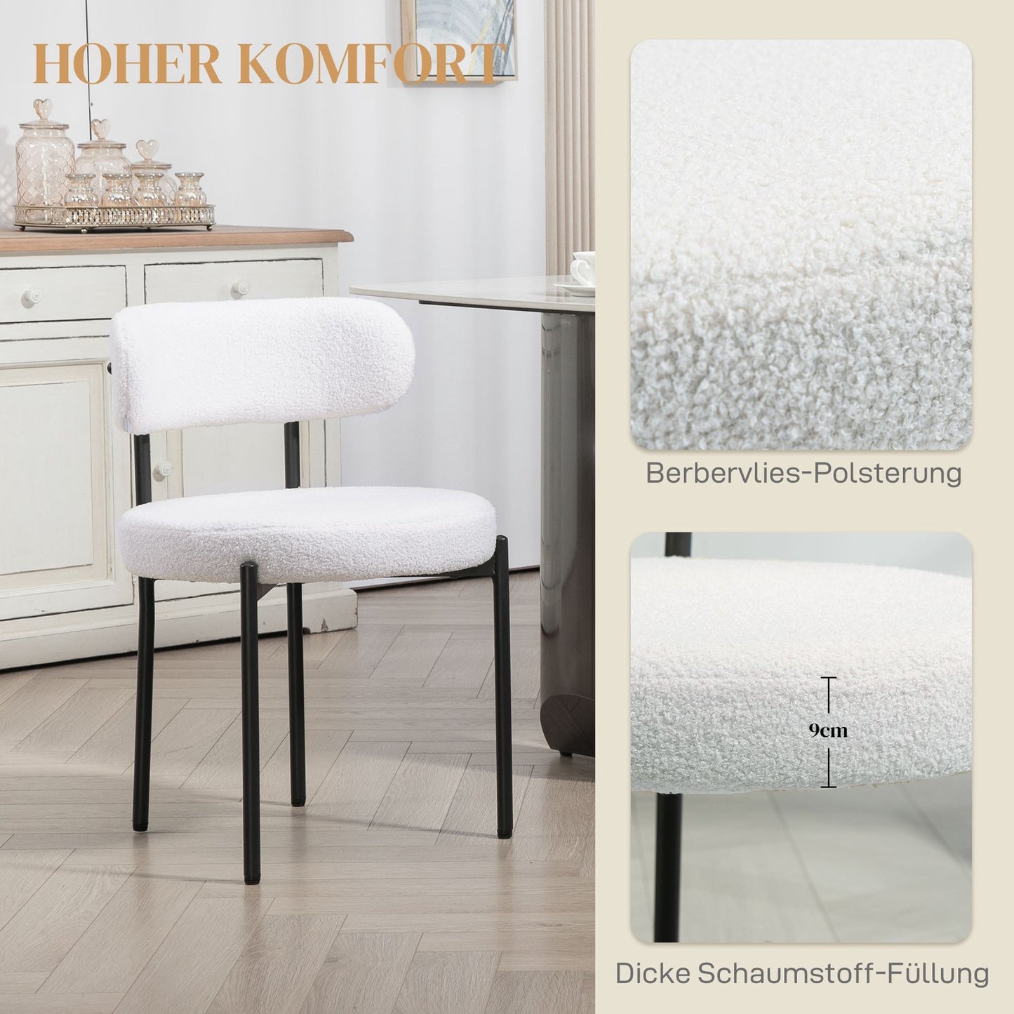 Dining Chairs Set of 2, Cream White, Fleece Upholstered