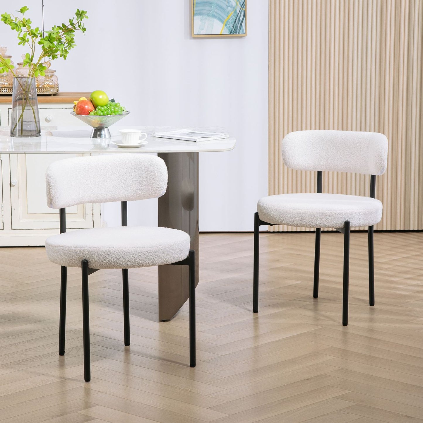Dining Chairs Set of 2, Cream White, Fleece Upholstered