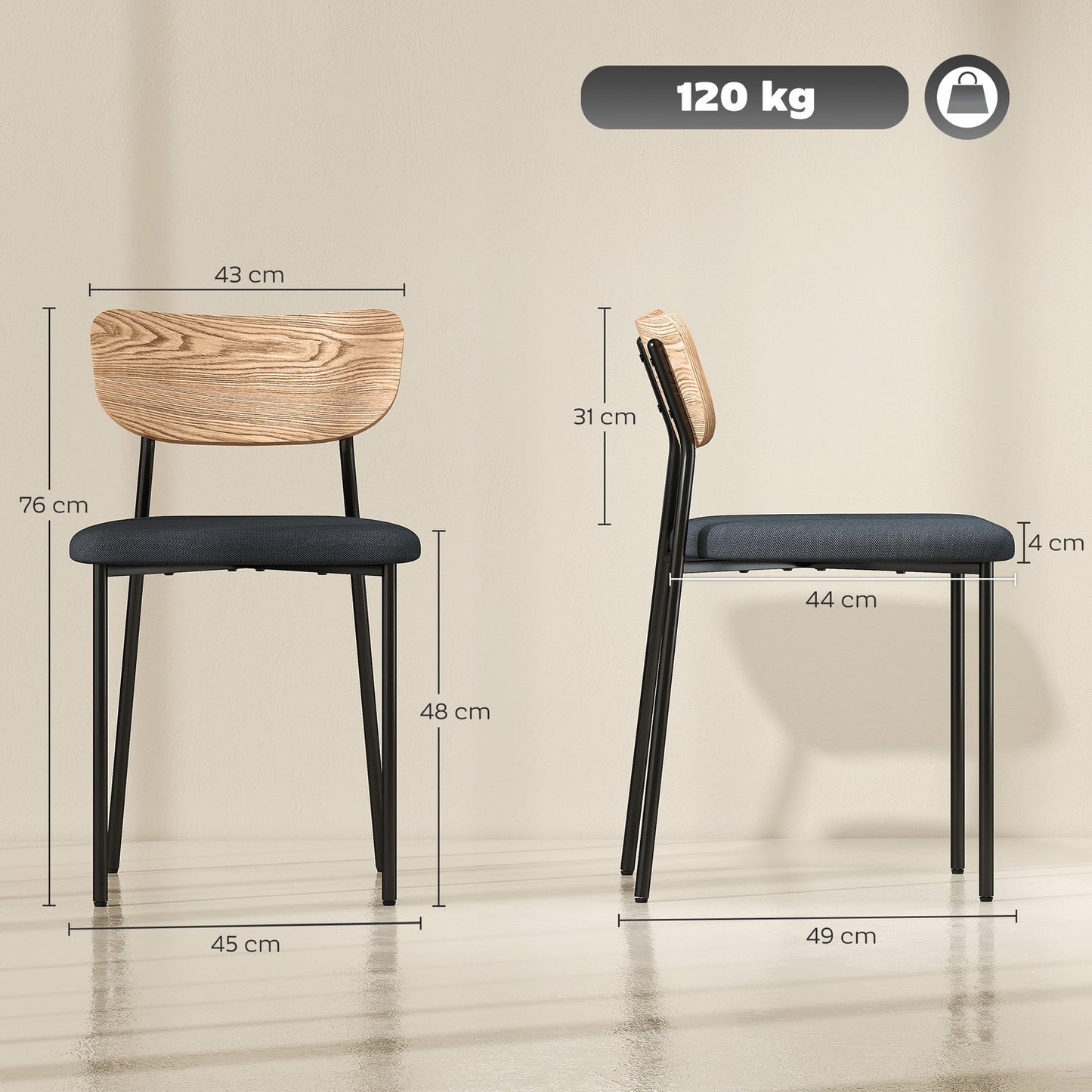 Set of 2 dining chairs, linen look, armless design, metal legs, grey