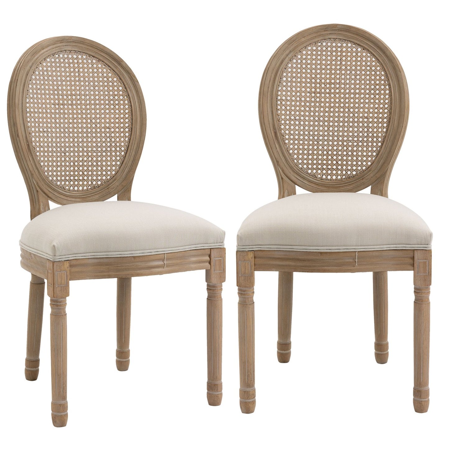 Vintage upholstered dining chairs with rattan backs, set of 2
