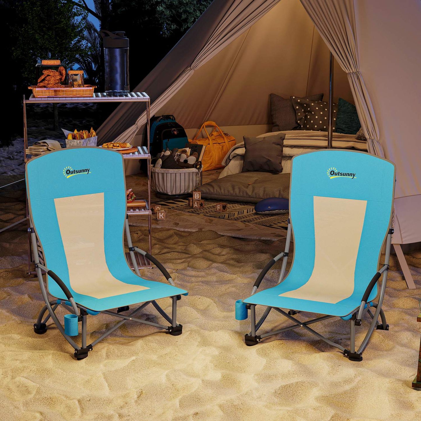 Set of 2 folding camping chairs with cup holder and mesh backrest up to 120 kg, blue