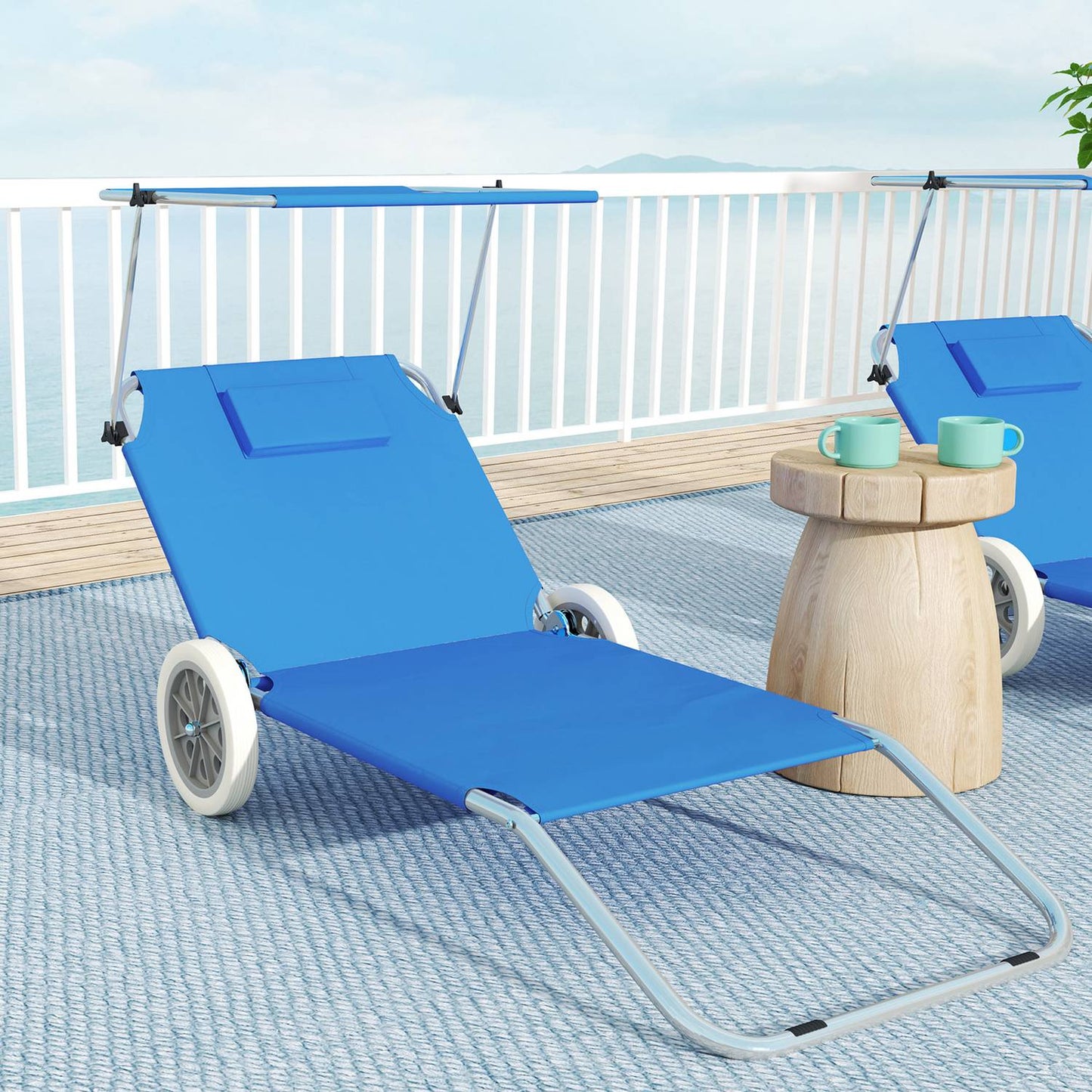 Folding sun lounger set, weatherproof, adjustable, blue
