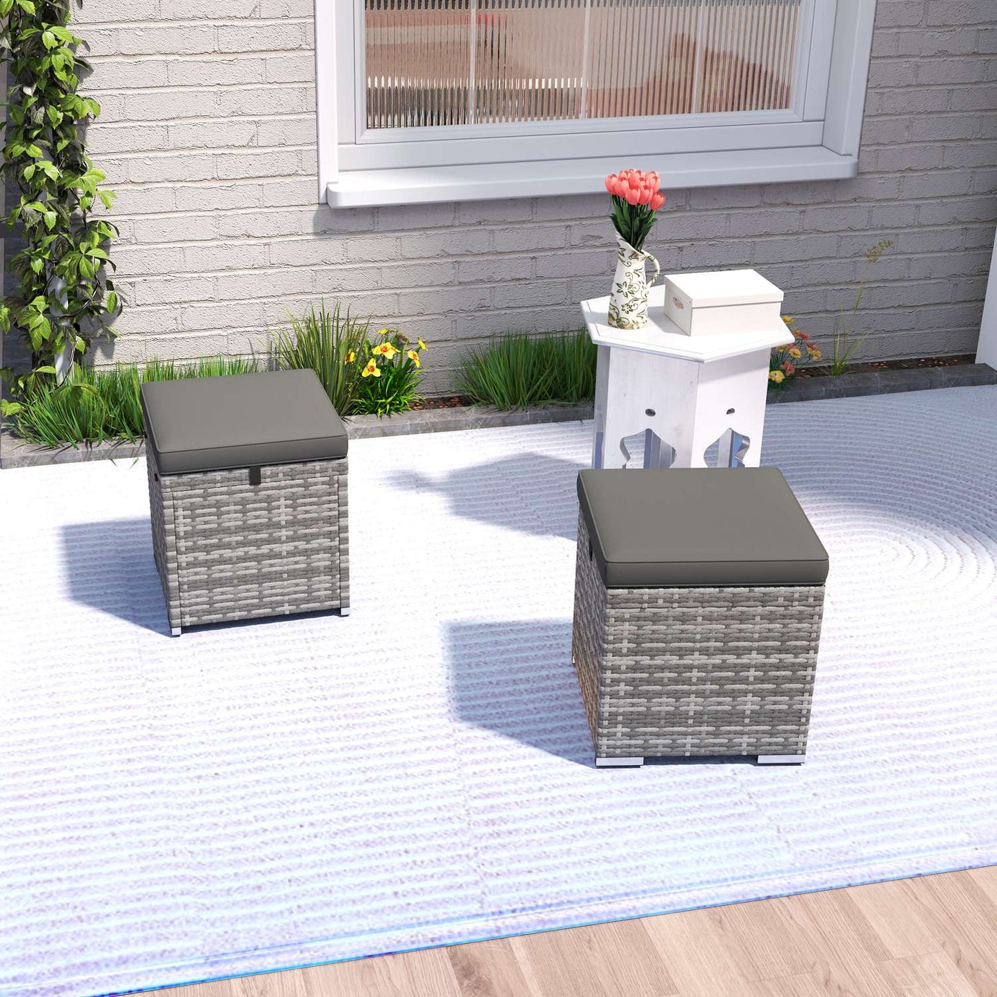 Outdoor Rattan Stools with Storage - Dark Grey, Weather Resistant