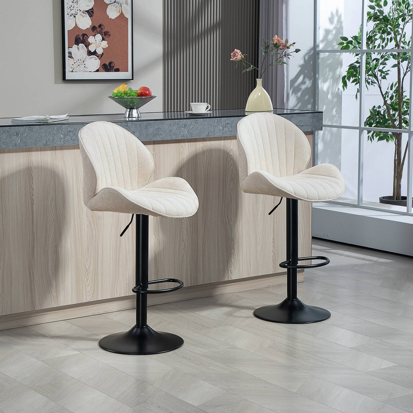 Adjustable Shell Bar Stools, Set of 2, Beige Steel Frame