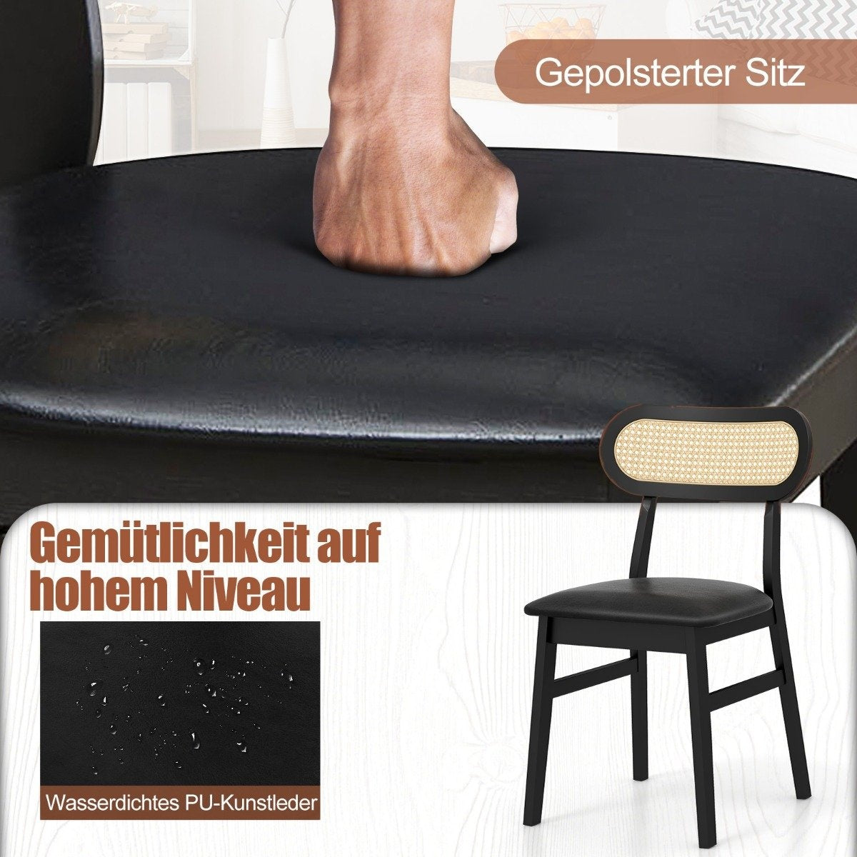 Set of 2 wooden dining chairs with black padded seat