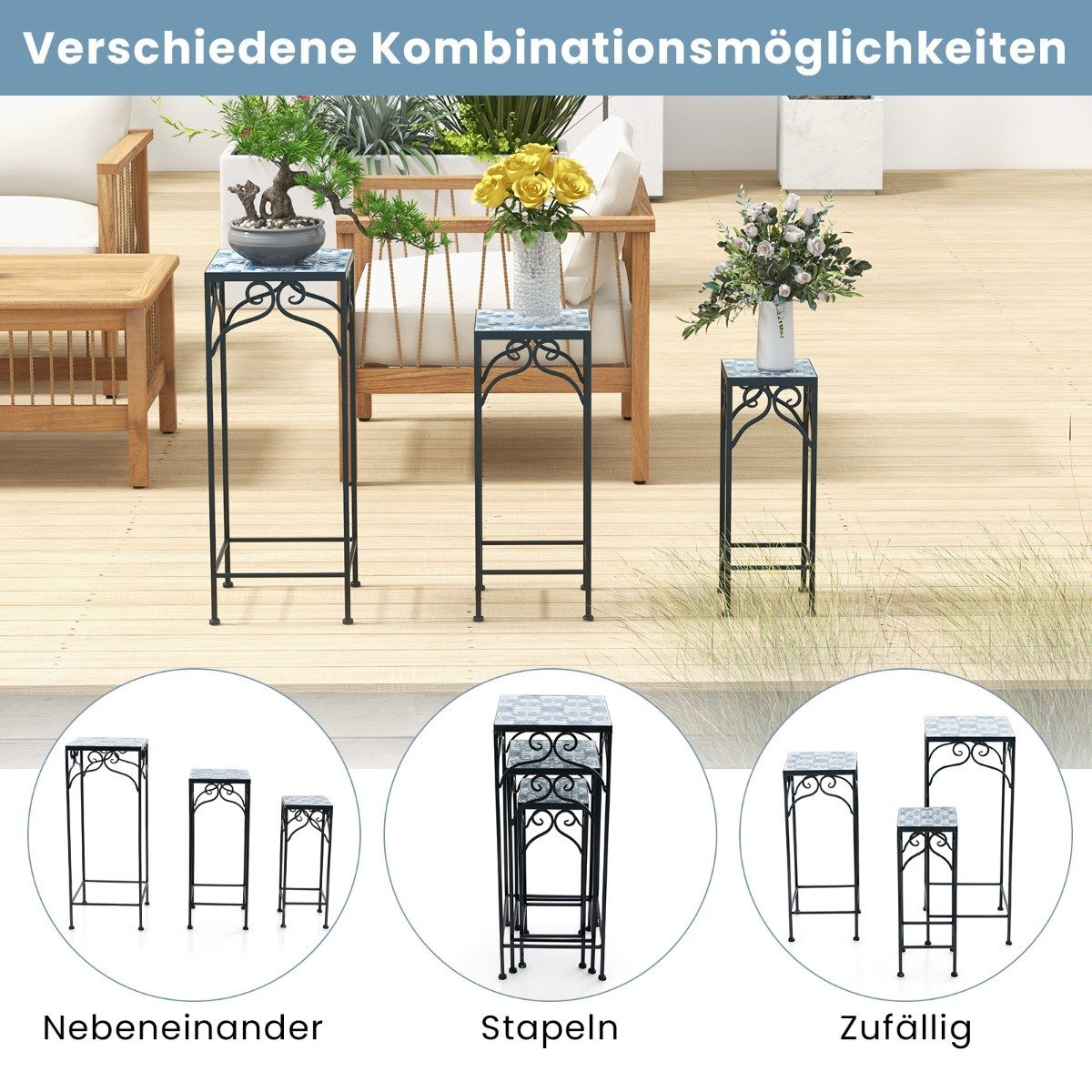 Set of 3 metal plant stands with mosaic tiles nestable planters blue 28/23/18cm