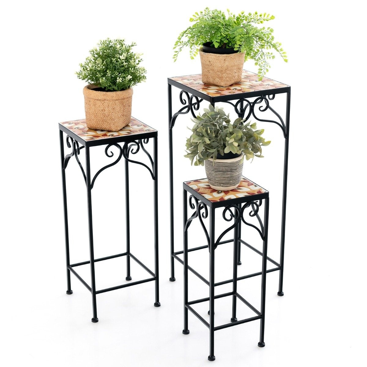 Set of 3 metal plant stands with mosaic tiles nestable planters yellow 28/23/18cm