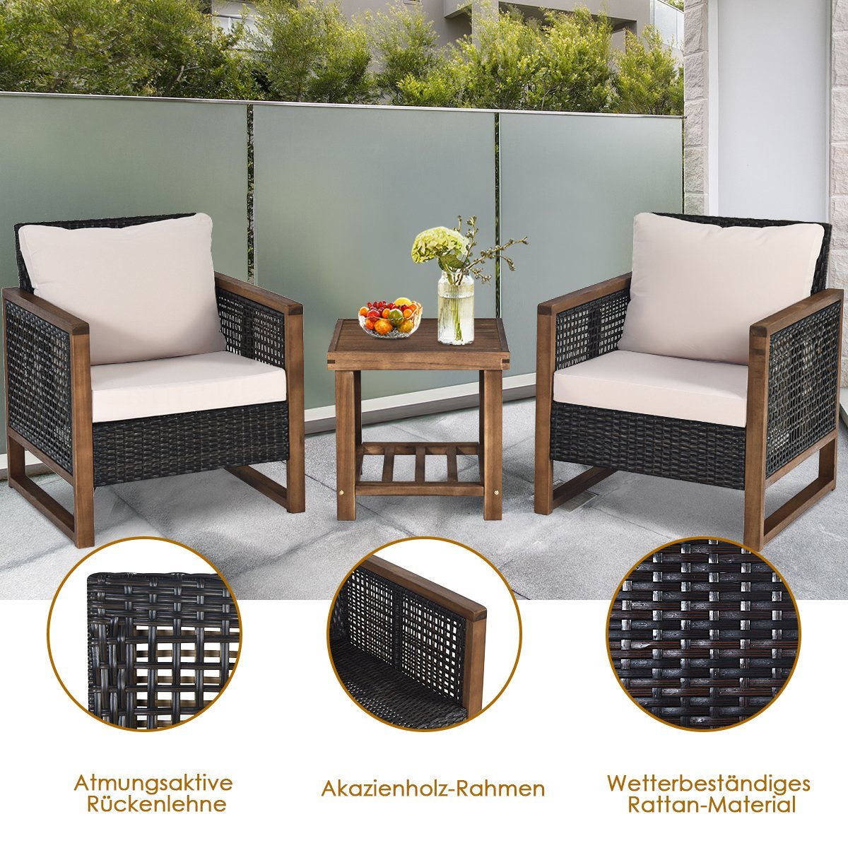 Set of 3 rattan garden furniture polyrattan lounge set with washable seat cushions outdoor seating set
