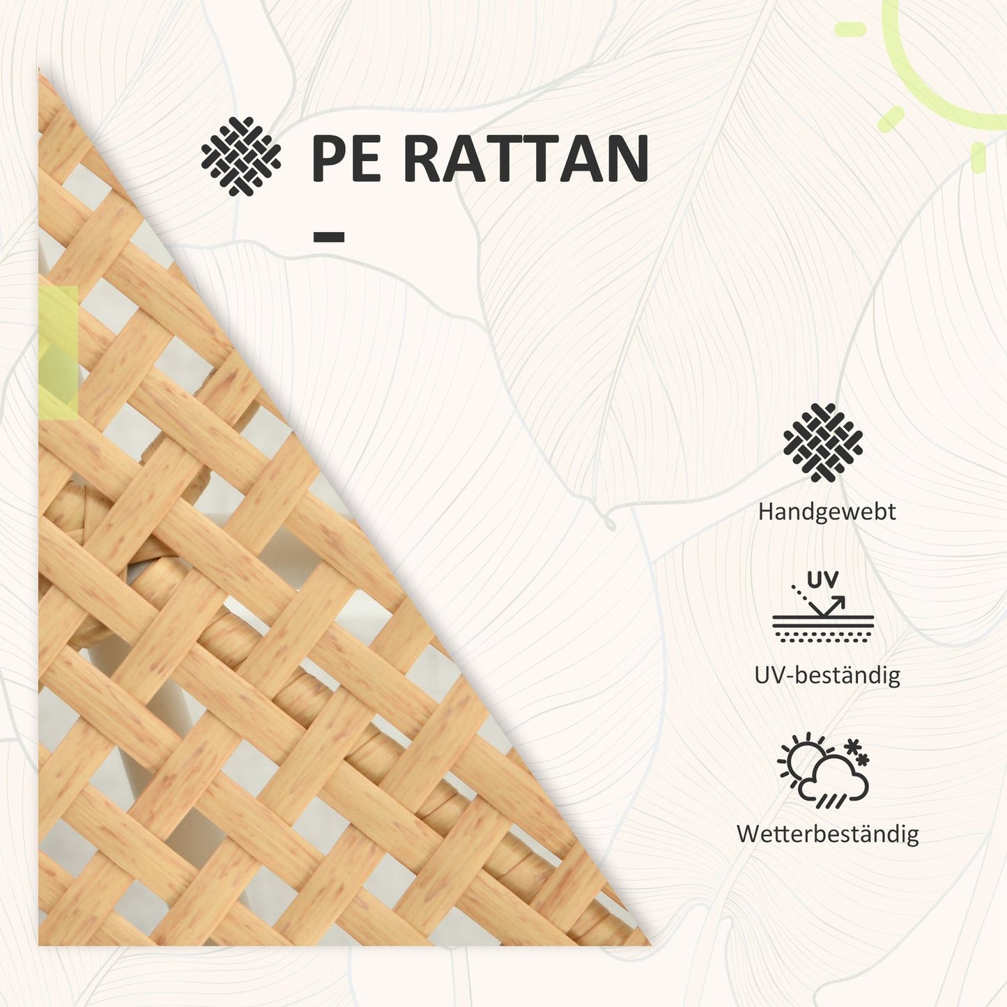 Rattan garden furniture: 3 pieces, cushions, yellow/cream