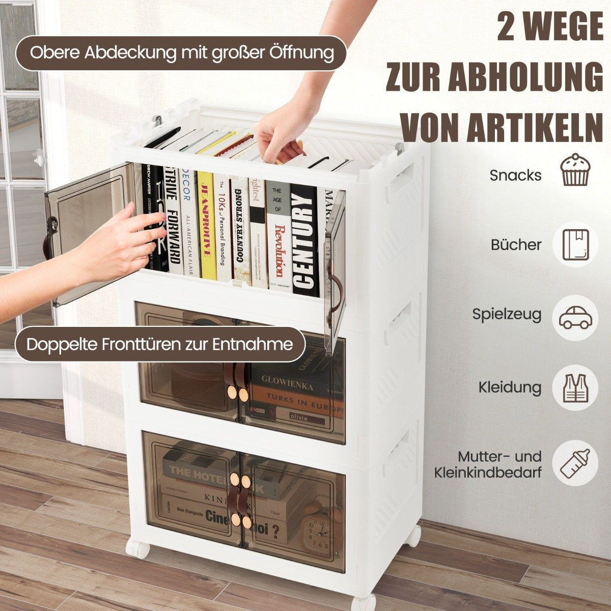 Set of 3 stackable storage boxes with lids & wheels & doors 49.5 x 31.5 x 86 cm